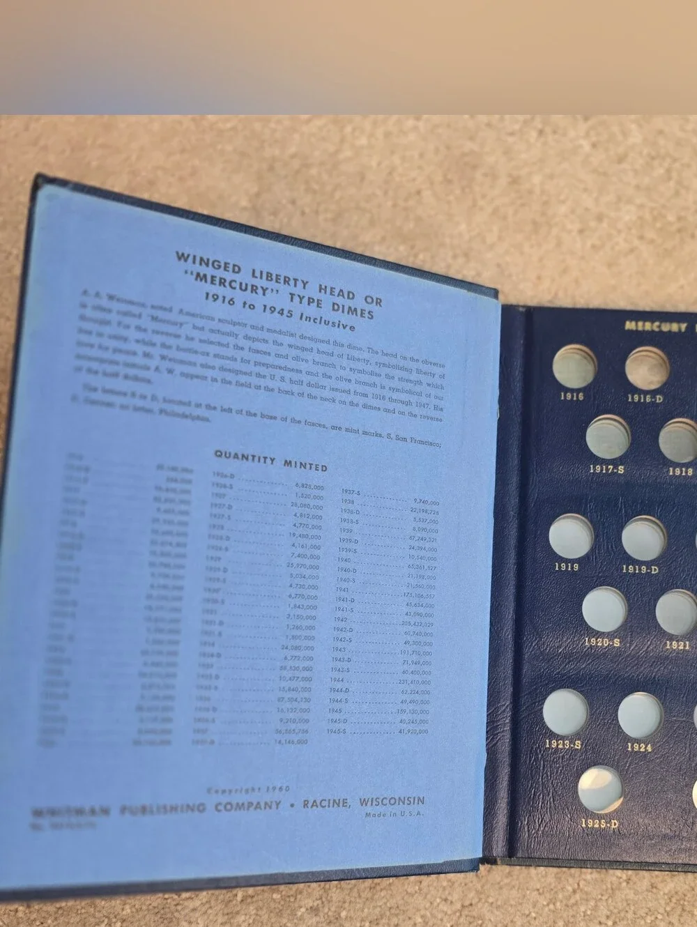 Used Whitman Mercury Dimes 1916-1945 Empty Coin Album Book #9413